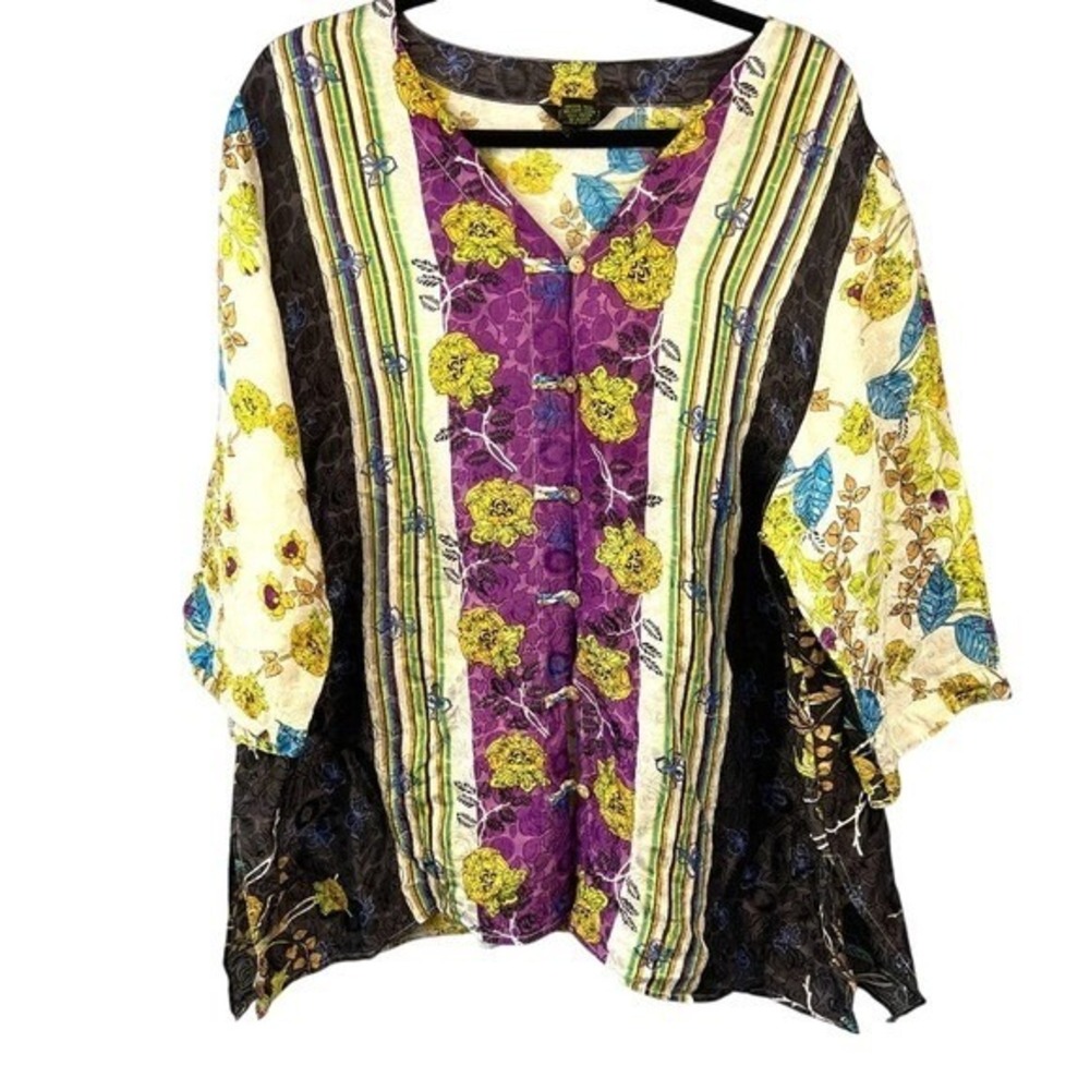 Poeme by Citron Santa Monica Silk Blend Asian‎ Inspired Floral Tunic Top SZ2X